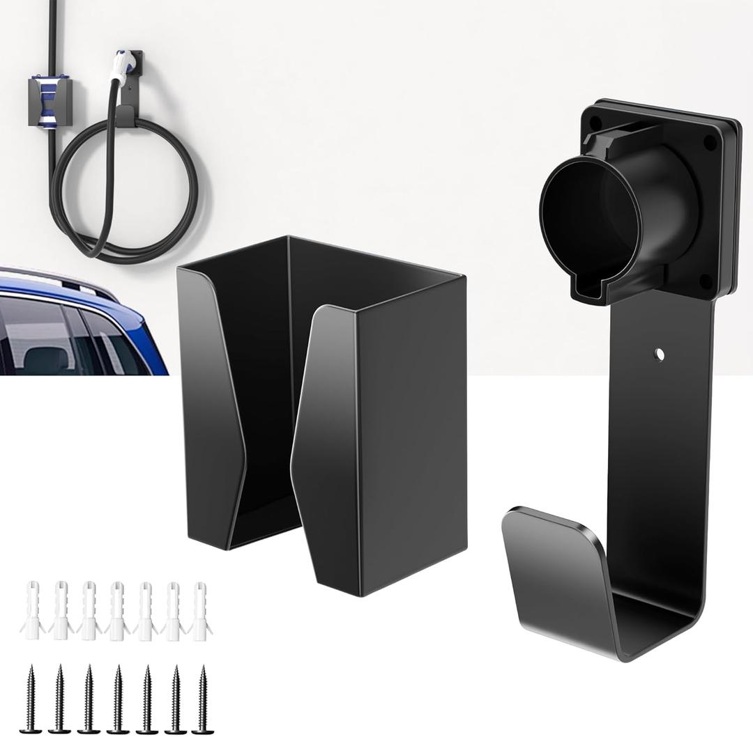 EV Charger Holder Wall Mount - Nozzle Holster Dock with J-Hook - Heavy Duty EV Charging Box Holder for J1772.