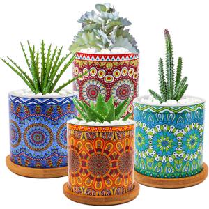 Yesland 4 Pack Succulent Plant Pots with Bamboo Tray, 3 Inch Ceramic Mandalas Pattern Cylinder Planter & Flower Pots with Drainage Hole, for Flowers, Cactus, Home, Garden, Office Decoration