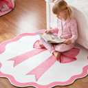Pink Bow Round Decorative Rug, 4 Ft TPR Circle Accent Mat for Girls' Rooms, Non-Slip Washable Floor Mat for Nursery, Playroom & Bedroom Decor, 3'11"