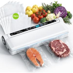Vacuum Sealer Machine 95KPA Powerful Suction, 10s Fast Seal, Dry & Moist Modes, Compact Food Vacuum Sealer with 30 Bags Included, Automatic Food Saver for Meal Prep, Sous Vide & Kitchen Storage