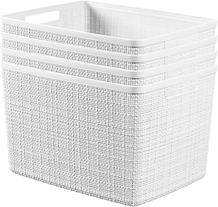 Curver Set of 4 Large 20L Jute Decorative Plastic Organization and Storage Baskets - Perfect Bins for Home Office, Closet Shelves, Kitchen Pantry and All Bedroom Essentials, White