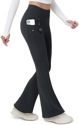 MAGCOMSEN Women's Fleece Lined Flare Leggings Waterproof Insulated Winter Pants Warm Snow Yoga Hiking Bootcut 3 Pockets L