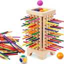Montessori Wooden Board Game with Colorful Sticks, Dice & Balls, Math & Counting Educational Toy for 3-6 Year Olds, Motor Skills for Family & Travel, Fun Gift for Game Night(Square)