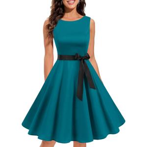 Gardenwed Women's Vintage Cocktail Tea Party Dress Boatneck Sleeveless 1950s Retro Rockabilly Swing Dresses Turquoise L