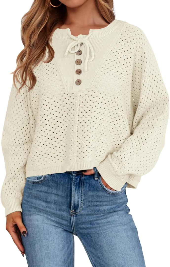 Saodimallsu Womens Crochet Button Sweaters Batwing Long Sleeve Henley Knit Shirts Drawstring Loose Trendy Sweater Tops (Small, White)