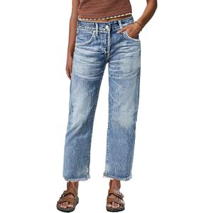 Flamingals Straight Leg Crop Jeans for Women Wash Raw Hem Mid Waist Jeans (Small, Light Blue)