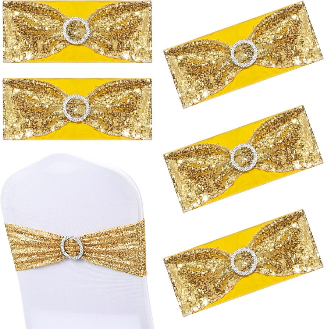 ISKYBOB Set of 12 Sequin Chair Sashes, Spandex Stretchy Chair Covers Glitter Chair Band with Buckle Decorative Bows Ties for Wedding Party Supplies, Gold