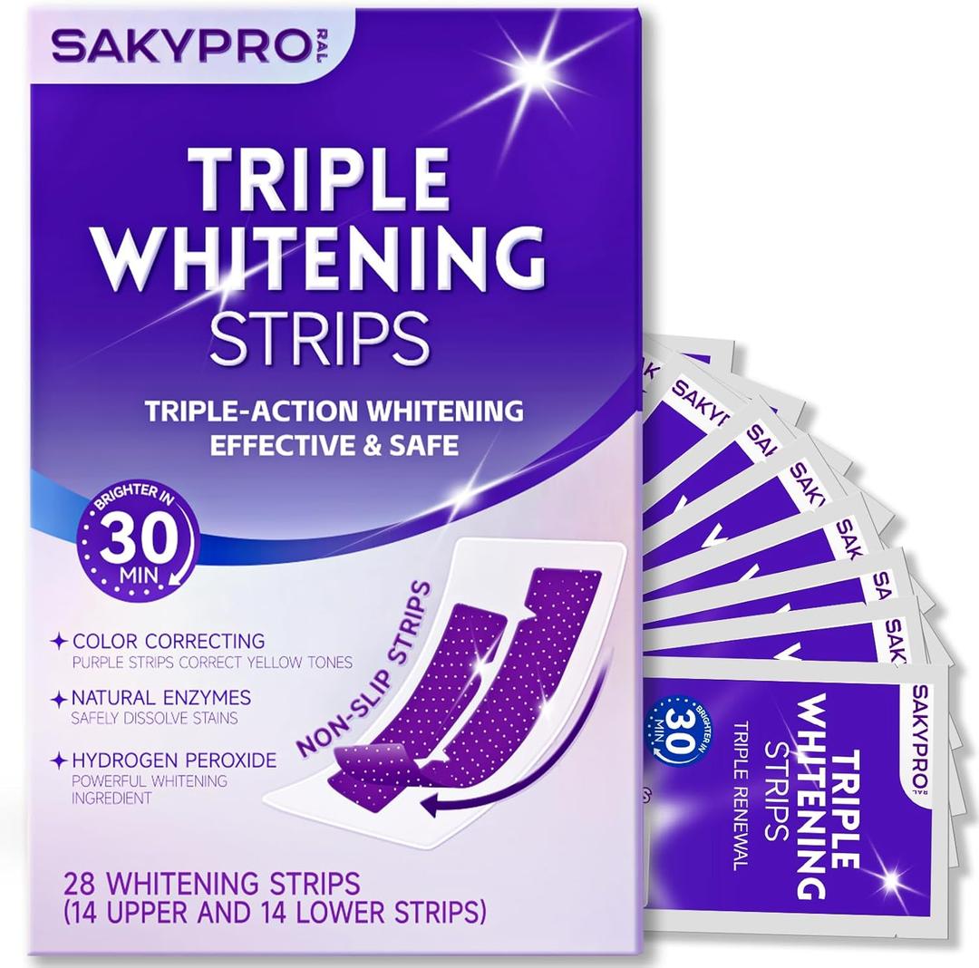 SAKYPRORAL Purple Whitening Strips, 90Day LongLasting Results, Enamel Safe & LowSensitivity, Professional Teeth Whitening Strips with NonSlip Dry Strip Technology (28 Count (Pack of 1))