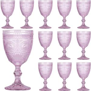 Vintage Glasses Set of 12, 10 oz Glass Goblets Glassware, Romantic Wedding Glass Set, Drinking Stemware Beverage Cups for Wedding Party Bar, Embossed Design, Purple