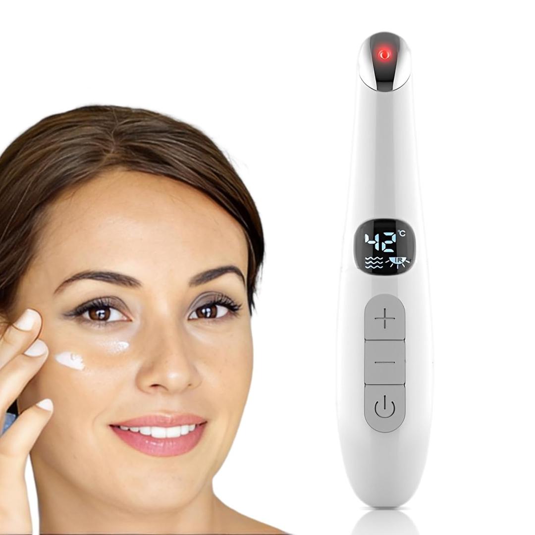 Eye Lift Wand, 3 in 1 Vibrating Red Light 98F to 113F LCD Display Eye Massager for Dry Eyes, Dark Circles and Puffiness, Electrical Face, Neck Sculpting Pen for Fine Lines and Wrinkles (White)