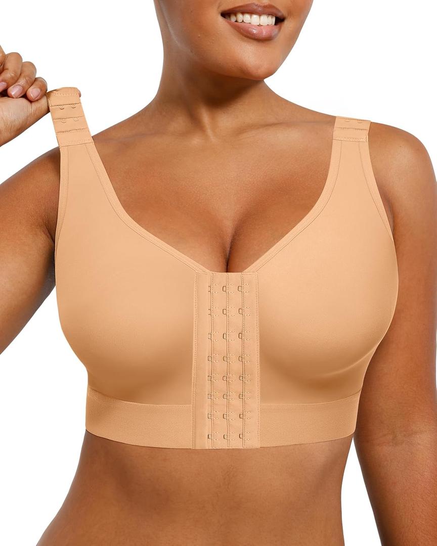 SHAPELLX Post Surgery Bras Front Closure Compression Bra Surgical Wirefree Mastectomy Bra with Adjustable Straps (Beige, XL)