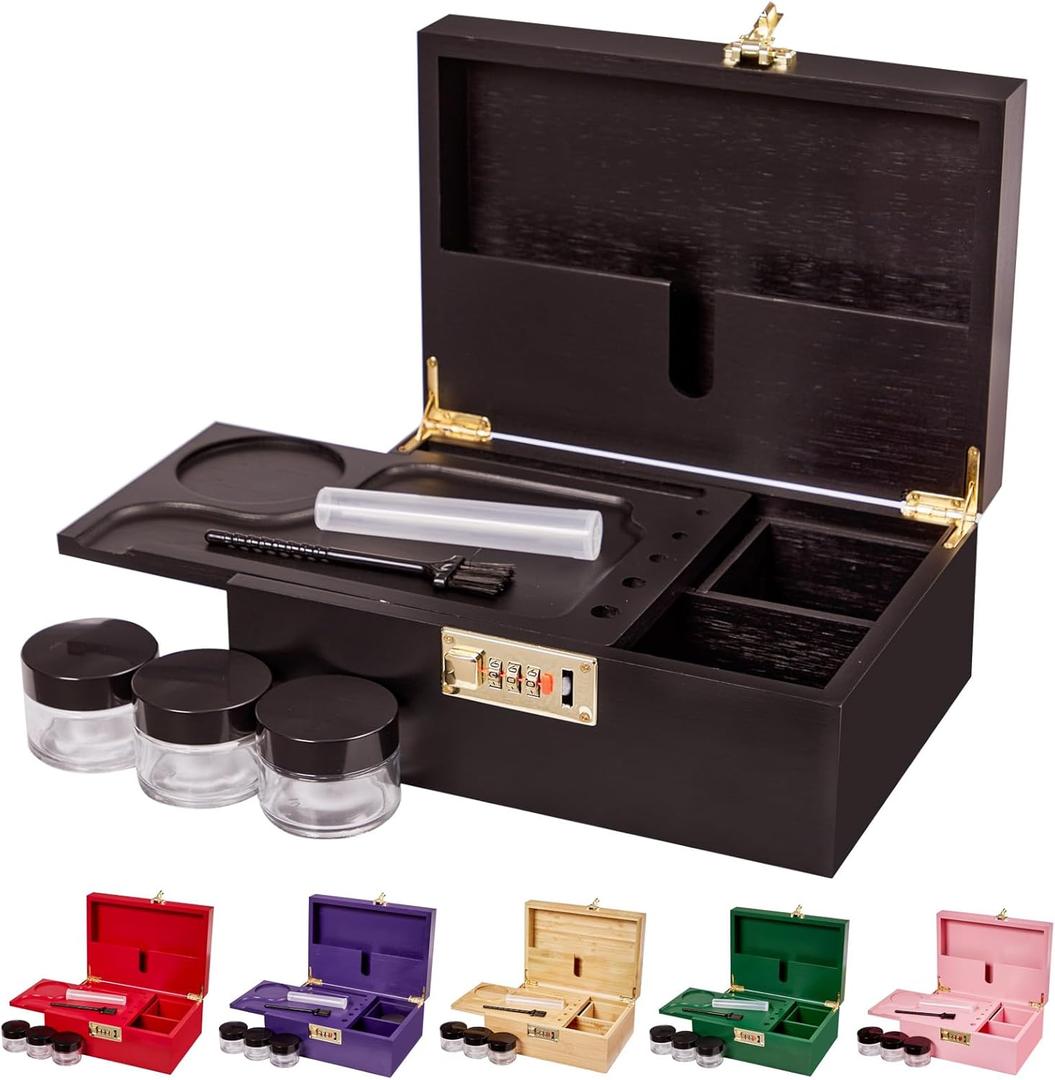 Lockable bamboo storage box with removable tray and partitioned wooden decorative storage box, including jars, brushes, and tubes  odor-resistant container for home organization and storage (black)