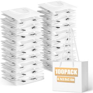 100Pcs Thickened White Mini Gift Bags with Handle, 3.9 x 4.7 x 2.4 Inch Small Paper Goodie Shopping Bags, Small Gift Bag Bulk for Birthday Parties, Business Parties and Christmas Gifts Packaging