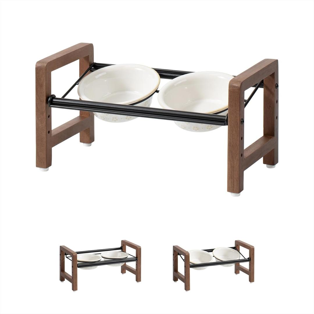 5.5inch Ceramic Adjustable Raised Double Bowls Set with Stand, 3 Heights Elevated, 2 Placement Options,Food and Water Dishes for Puppy, CatsDouble Bowls+Stand, Reactived Glaze -White