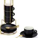 Lareina 8 Ounce Porcelain Cappuccino Cups Set of 4, Stackable Coffee Cups with Saucers, Spoons and Metal Stand -for Specialty Coffee Drinks, Cappuccino, Latte, Americano and Tea, Black