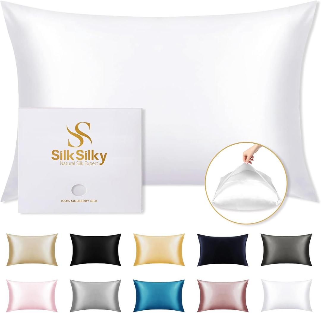 SilkSilky 100% Mulberry Silk Pillowcase - Pure 22 Momme High-Grade 6A Fibers for Hair & Skin, Envelope Closure, Natural, Organic, Breathable & Cooling Pillow Case (Standard, White)