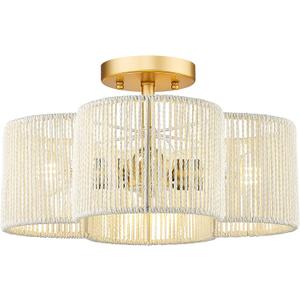 Rattan Light Fixtures Ceiling Mount, 4-Light 14" Boho Semi Flush Mount Ceiling Light with White Hand-Woven Shade in Quatrefoil Shape for Kitchen Nursery Bedroom, Gold, AD-22007-4SF-RA-WH