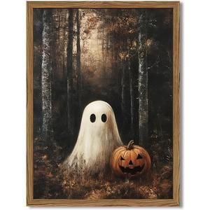 Framed Vintage Halloween Ghost Canvas Wall Art, Cute Ghost Pumpkin Wall Decor Paintings, Gothic Dark Academia Pictures Prints Spooky Fall Forest Home Decor for Living Room Bedroom 16x24 inch