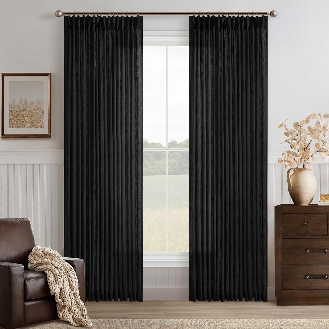 Extra Long Black Linen Curtains 120 Inches Long Modern Neutral Curtain 10 Foot Light Filtering Semi Sheer Back Tab Pinch Pleat Curtain for Tall Ceiling Living Room 2 Panels 50 by 120 Inch Length