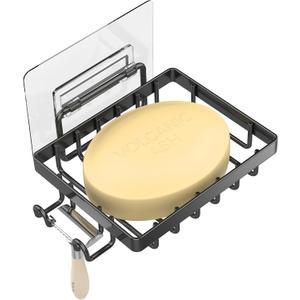 Moforoco Black Soap Dish, Soap Bar Holder for Shower, No Drilling Bathroom Accessories, Wall Mounted Soap Holder with Hooks, Shower Rack Tray Bar for Suitable for Bathroom, Kitchen Sink