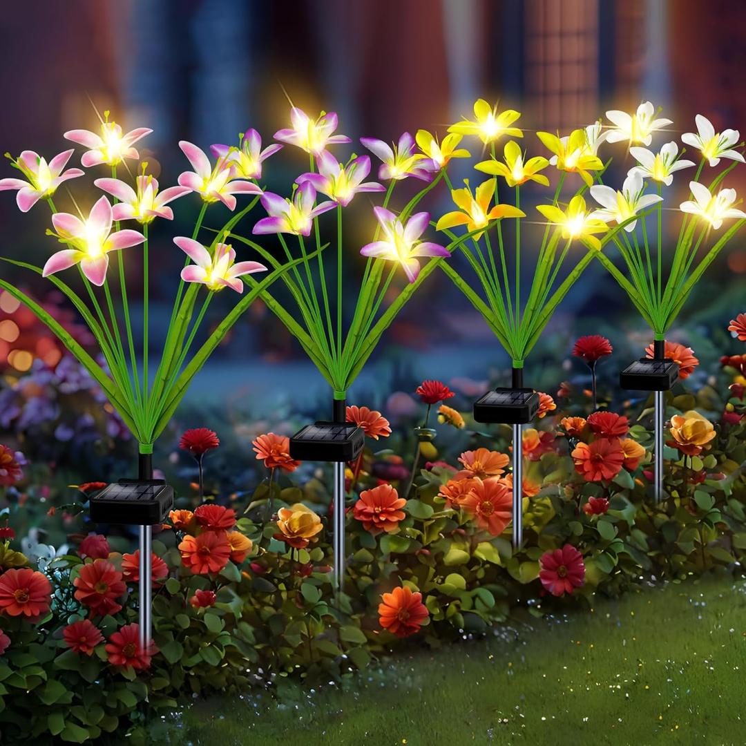 Solar Lights Outdoor Garden,4 Packs New Solar Flower Lights with 24 Blooming Lily Flowers,Waterproof Solar Lights for Outside Stakes Lights for Birthday Gifts Garden Decor for Yard,Patio,Lawn