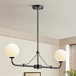 Klgxnrd 2 Lights Black Linear Chandelier, Mid Century Modern Kitchen Island Lighting, Dining Room Light Fixtures Over Table Hanging, Milk White Globe Glass Shade