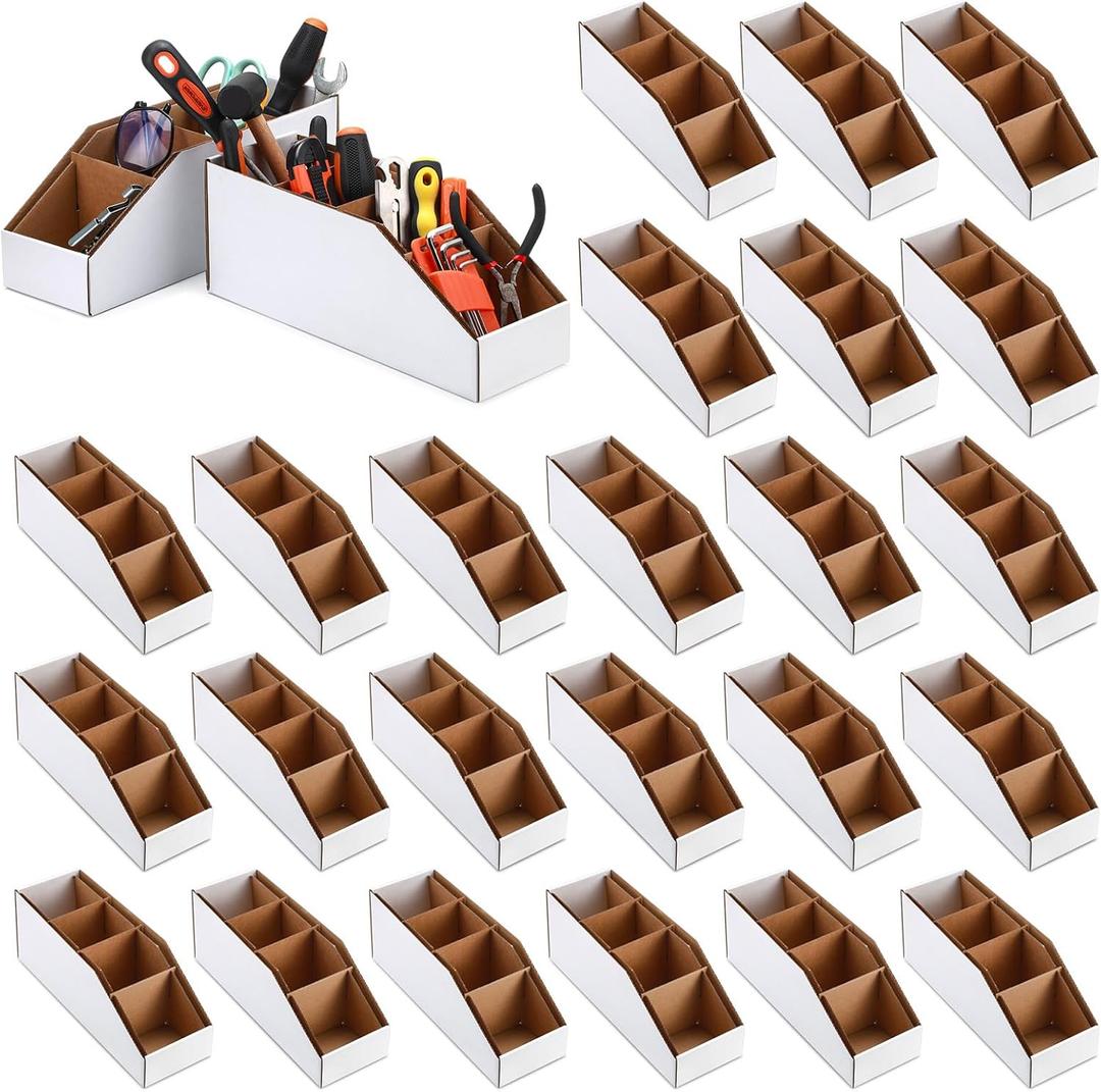 30 Pack Cardboard Storage Parts Bins Boxes with Dividers 12 x 4 x 4.5 Inch Small Parts Bins Organizers Bulk for Shelves Stem Project Online Store Inventory Garage Organization
