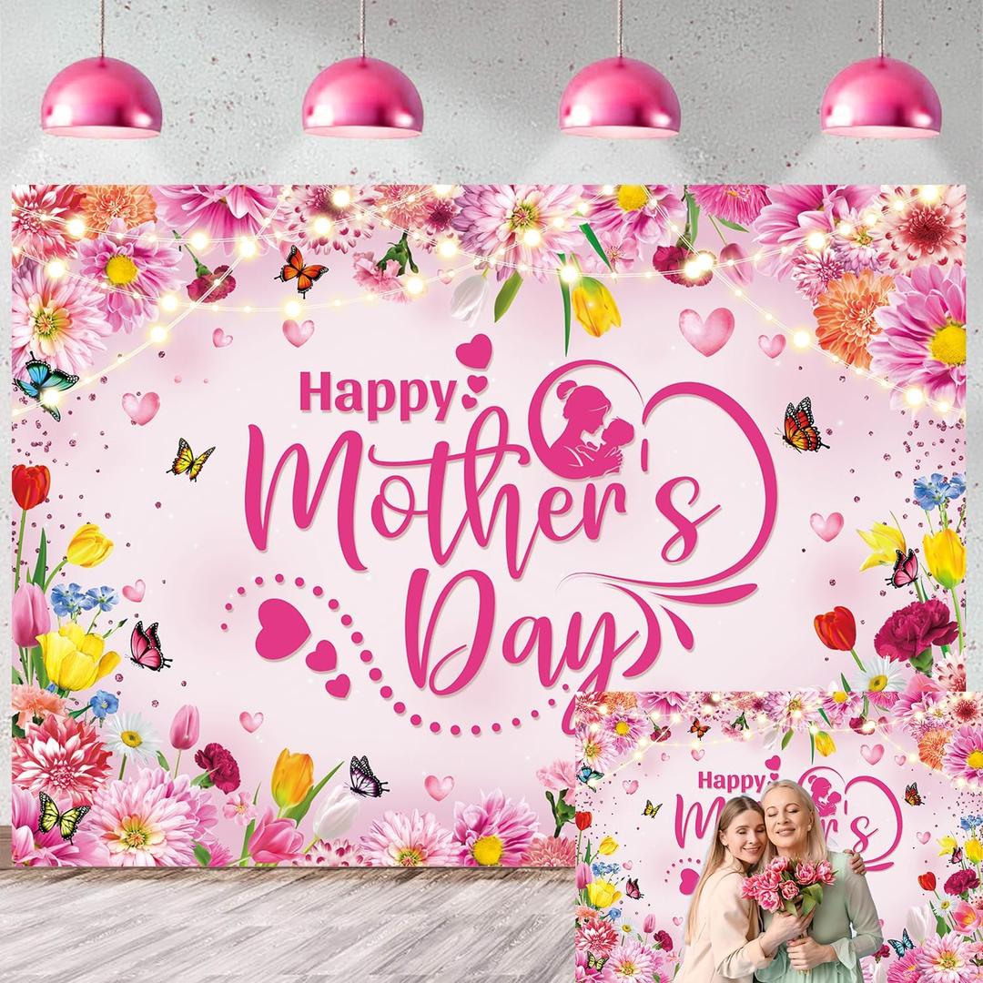 Happy Mother's Day Backdrop Pink Flowers Glitter Mother's Day Photography Background Mom's Birthday Banner for Women Party Decorations Photo Props (Rose, 82x59 inch (7x5FT))