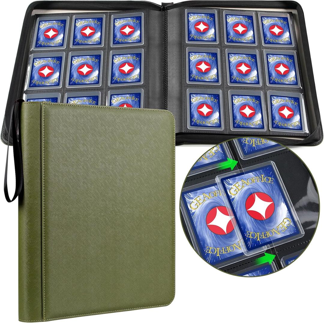GEAoffice Side Loading 9 Pockets Top Loader Binder Holds 324 Cards, Waterproof PU Leather Trading Card Binder for Toploader, Card Collection Album Folder for MTG, TCG, Sports Cards, Green