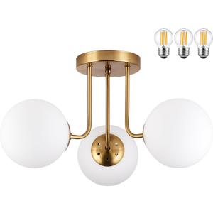 KoKo&Yukina 3-Light Semi Flush Mount Ceiling Light Globe Ceiling Light Mid Century Ceiling Light with Opal Milk Glass Globe & Brushed Brass for Bedroom Hallway Entryway Kitchen Living Room-Bulb Incl