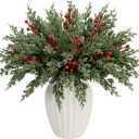 40 Pcs Artificial Pine Branches with Red Berry Picks 11" Winter Christmas Greenery Fake Juniper Leaves Norfolk Pine Stems Needles for DIY Craft Wreath Garland Vase Filler Home Decoration (40, Green)