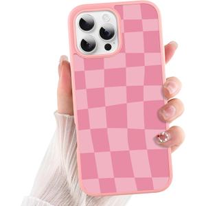 ZIYE for iPhone 16 Pro Max Case Pink Checkered Grids Plaid Checkerboard Pattern Phone Case Soft TPU Bumper Hard PC Cute Protective Cover Slim Lightweight Design Cases