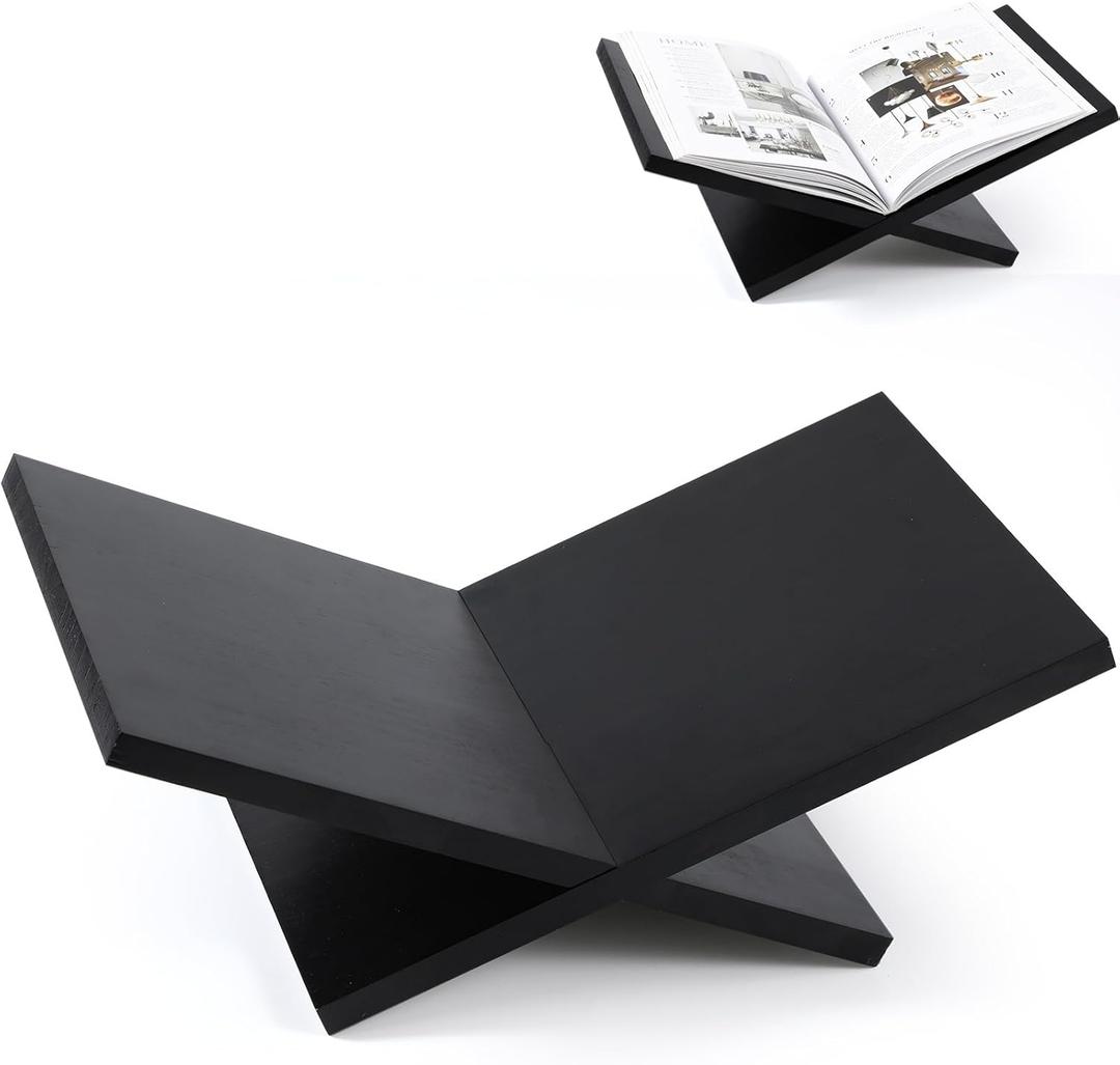 Honoson Open Display Book Stand 16 x 9 x 6 Inches Wooden Large Book Holder for Reading Open Bookstand X-Shaped Cookbook Stand for Bible Magazines Art Textbooks Recipe Coffee Table Decor(Black)