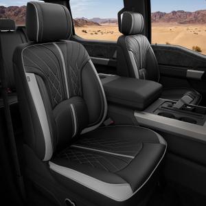 FREESOO Leather Seat Covers for Ford F150 SuperCrew 2015-2026 & F250/F350/F450 Super Duty Crew Cab 2017-2026, Waterproof Seat Covers Full Set with Lumbar Support for Pickup Trucks, Black Grey