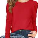 Haloumoning Girls Puff Long Sleeve T Shirts Casual Crewneck Loose Fit Tee Tops Kids Fall Clothes 140 (Red)