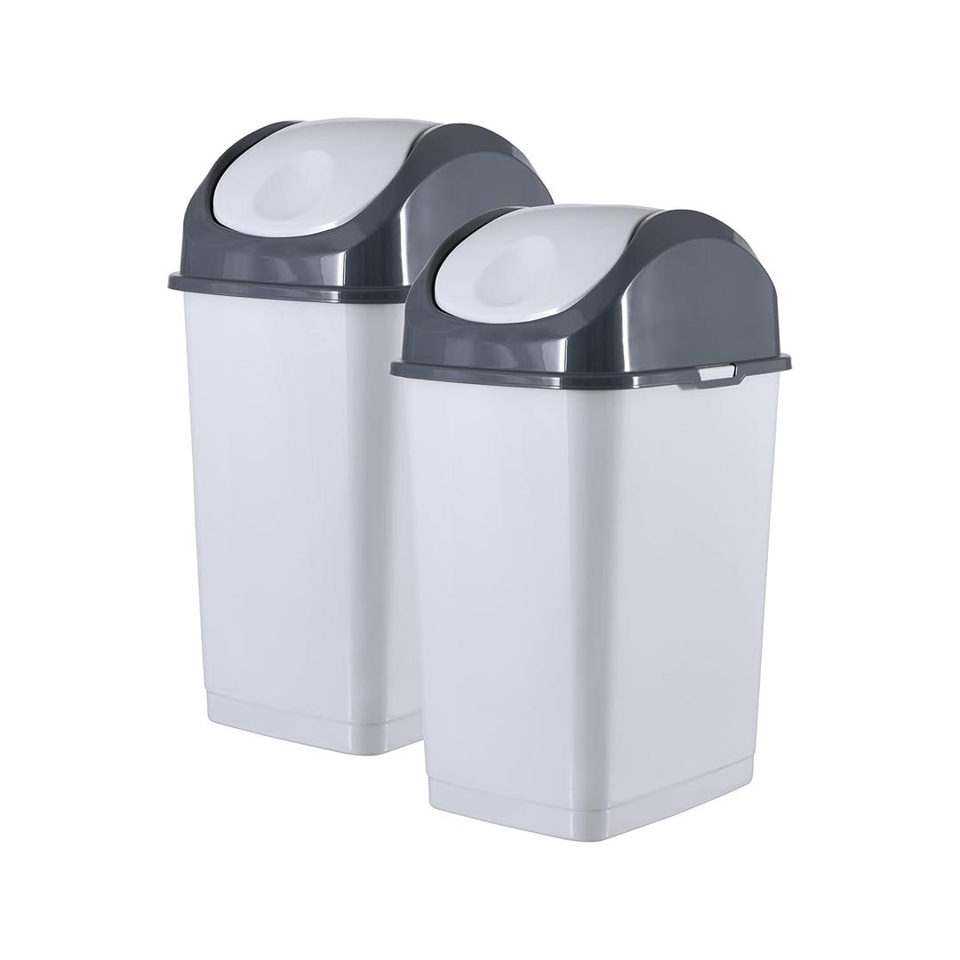 Superio Small 2.5 Gallon Plastic Trash Can with Swing Top Lid, Compact Slim Waste Bin for Under Desk, Office, Bedroom, Bathroom, Dorm Room, 10 Qt. Portable Garbage Can (SmokeWhite/Grey, 2 Pack)