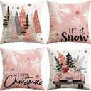 Artscope Christmas Throw Pillow Covers 18x18 Inch Set of 4, Let It Snow Snowflakes Truck Winter Christmas Decoration Pillow Cases for Home Sofa Couch Decor-Pink