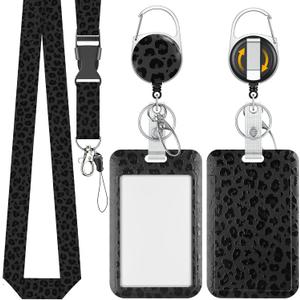 Uniclife Fashionable Sliding Badge Holder Black Leopard Print Plastic Card Holder with Retractable Badge Reel Carabiner & Detachable Lanyard Vertical Card Protector for Office Worker Teacher Student