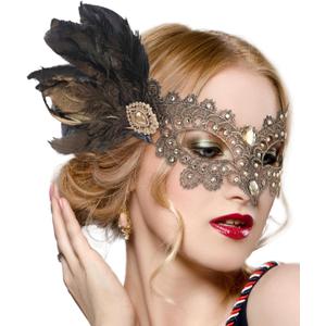 Zinniday Halloween Feather Masquerade Masks - 1920s 50s Antique Lace Venetian Mask for Women Renaissance Cosplay Party (Gold)