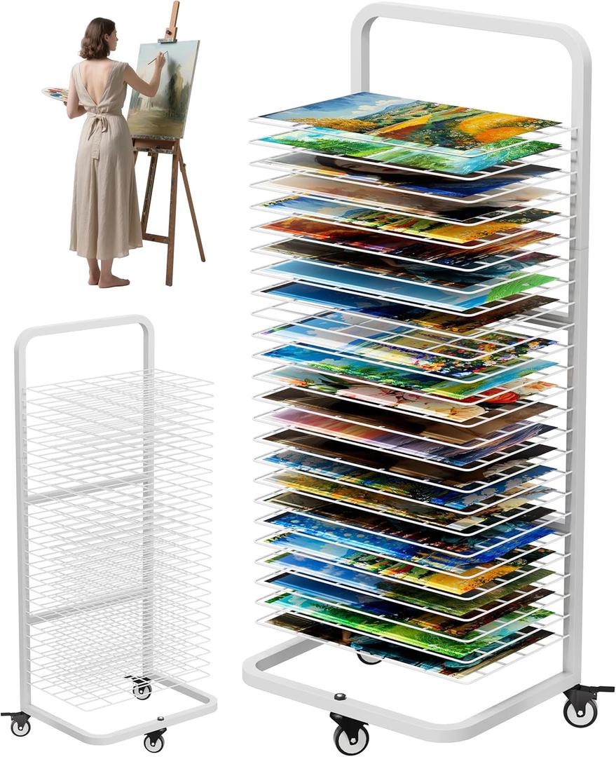 Art Drying Rack with 25 Removable Shelves, Mobile Metal Paint Drying Stand with Lockable Wheels, Functional Canvas Rack Art Storage for Artwork in Classrooms, Art Studios and Schools, White