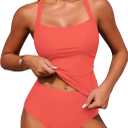 ZAFUL Women's Tankini Swimsuits Tummy Control Swimwear Two Piece Bathing Suits Swim Top with High Waisted Bottom (Pink, XL)