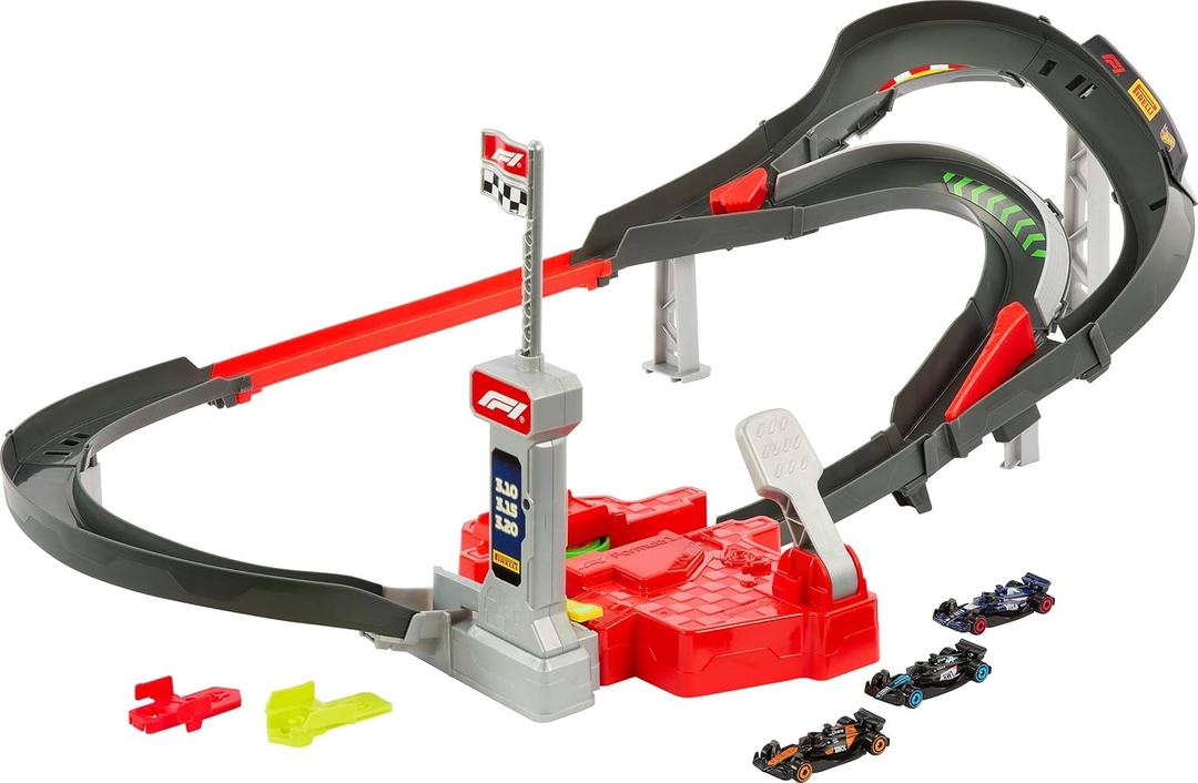 Hot Wheels Toy Car Track Set, 3 Formula 1 Die-Cast Vehicles in 1:64 Scale: McLaren F1 Team, Alpine & VCARB, Sprint Race Circuit (Teams May Vary)