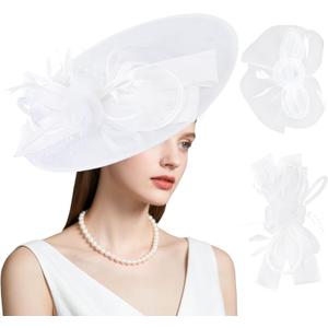 dressfan Wide Brim Fascinator Derby Hats for Women,20s Detachable Flower Hat with Headband for Derby Church Wedding Tea Party (White)