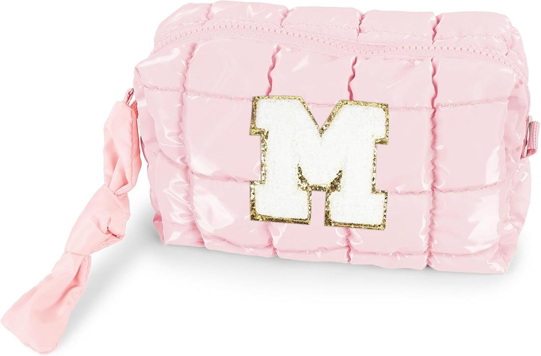 Quilted Makeup Bag Cosmetic Bag, Travel Toiletry Bag for Women, Cute Makeup Bag Organizer Puffer Pouch Light Pink M