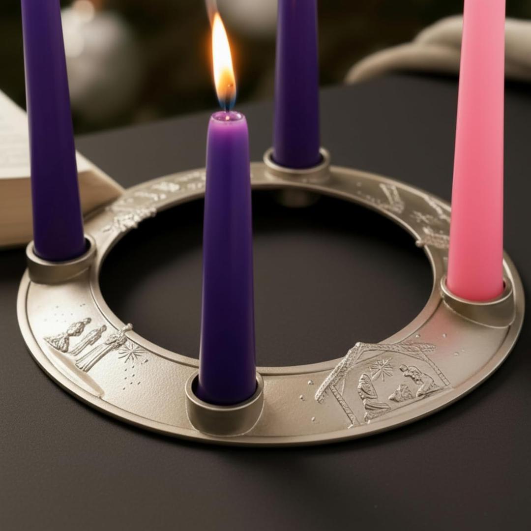 Shellwei Metal Nativity Scene Advent Wreath Candle Holder 8 Inch Advent Metal Candleholder Ring Wreath Nativity Scene Candle Holder for Xmas Centerpiece Decor Church (7/8inch Candles Not Included)