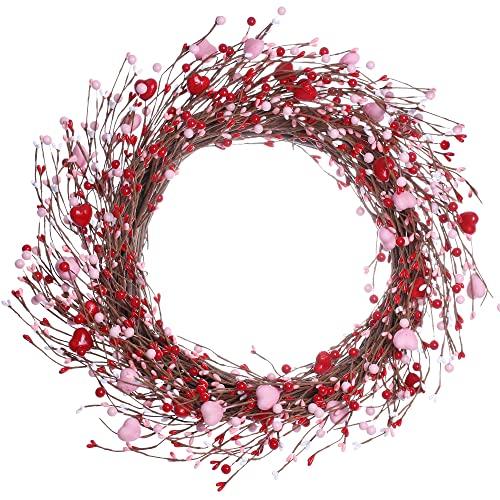 J'FLORU Valentine’s Day Wreaths for Front Door 20 Inch Valentines Day Wreath Valentines Wreath with Cute Hearts and Berries Valentine’s Day Gifts Anniversary Wedding Decorations (Red/Pink)