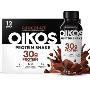 Oikos Protein Shake, Chocolate, 30g High Protein Drinks, Shelf Stable, Ready to Drink, 5g Prebiotic Fiber, 12 fl oz Bottle, 12 Count (EXP 12/24/27)