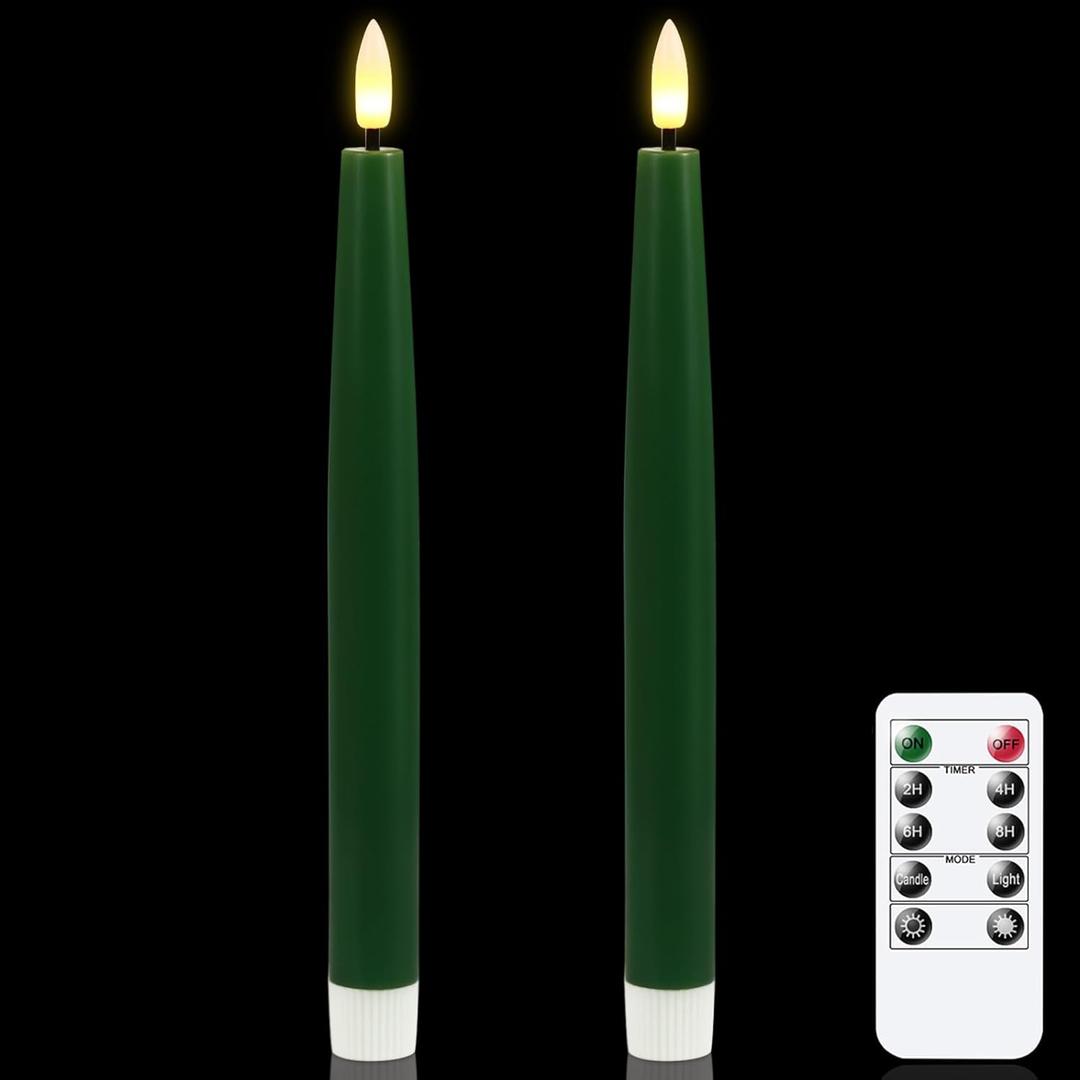 GenSwin Flameless Taper Candles with Remote Timer, Real Wax LED Flickering Candlesticks Battery Operated 3D Wick for Wedding, Party, Home(Christmas Green, 9.84", Set of 2)