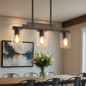 Farmhouse Wood Kitchen Island Lighting, 3-Light Adjustable Chandelier for Dining Room, Seeded Glass Shade Dining Room Light Fixture Over Table, Black Hanging Pendant Lights for Kitchen, Pool Table