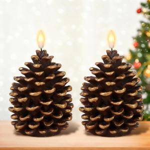 DRomance Flameless Pinecone Candles Battery Operated with 6 Hour Timer Set of 2 Real Brown Wax 3D Wick LED Flickering Pillar Candles Christmas Holiday Decor(Gold, 3.5 x 6 Inch)